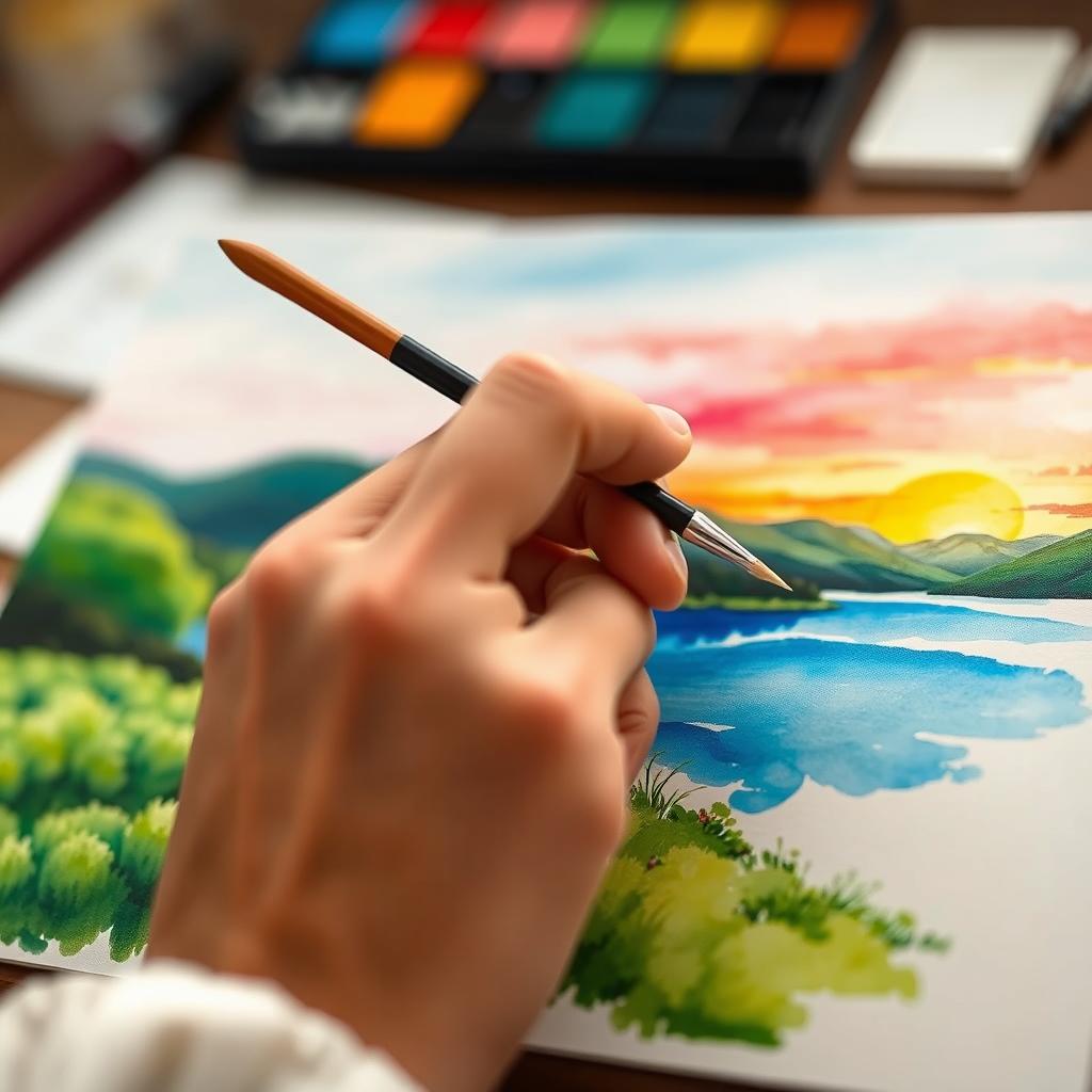 A close-up view of a person with an elegant hand, using a delicate brush to create a vibrant watercolor painting of a serene landscape