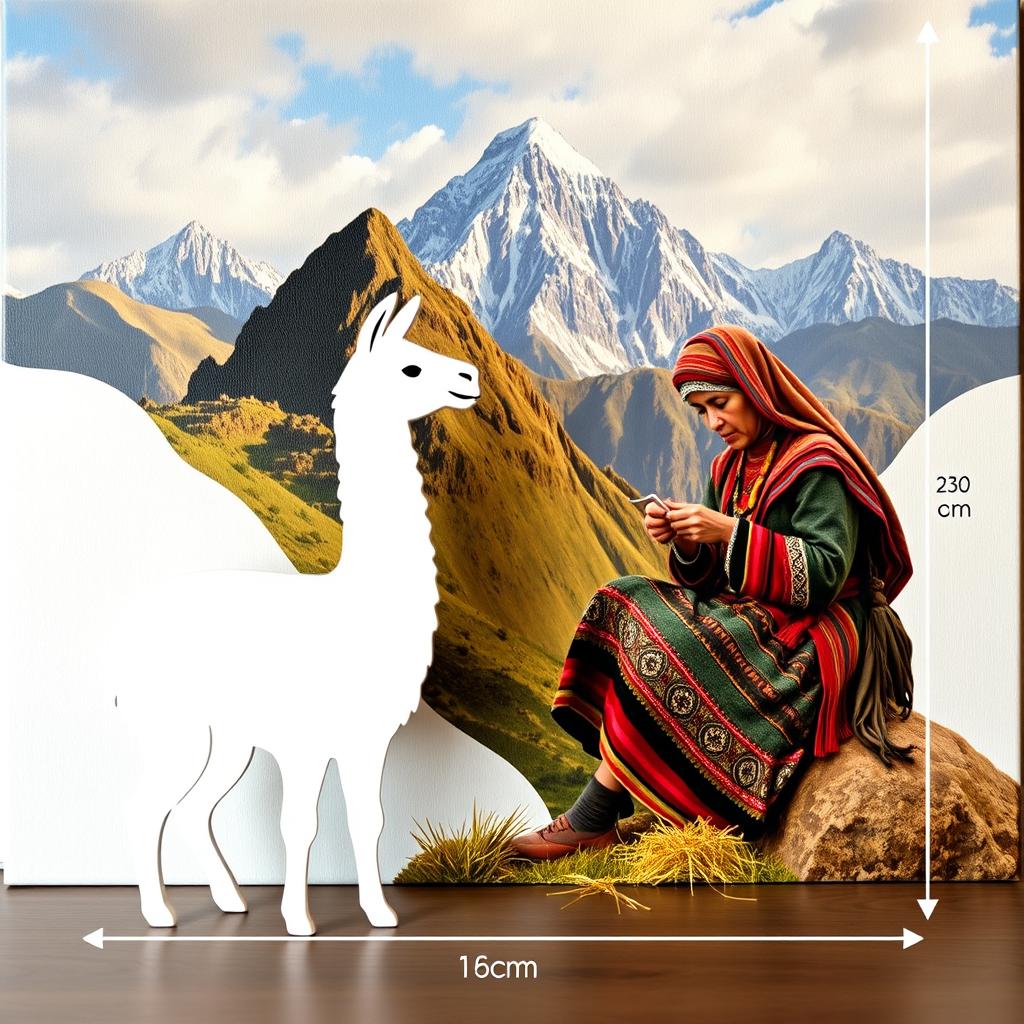 A realistic scene depicting a Peruvian woman working in traditional clothing, surrounded by the stunning Andes mountain backdrop referencing Peru