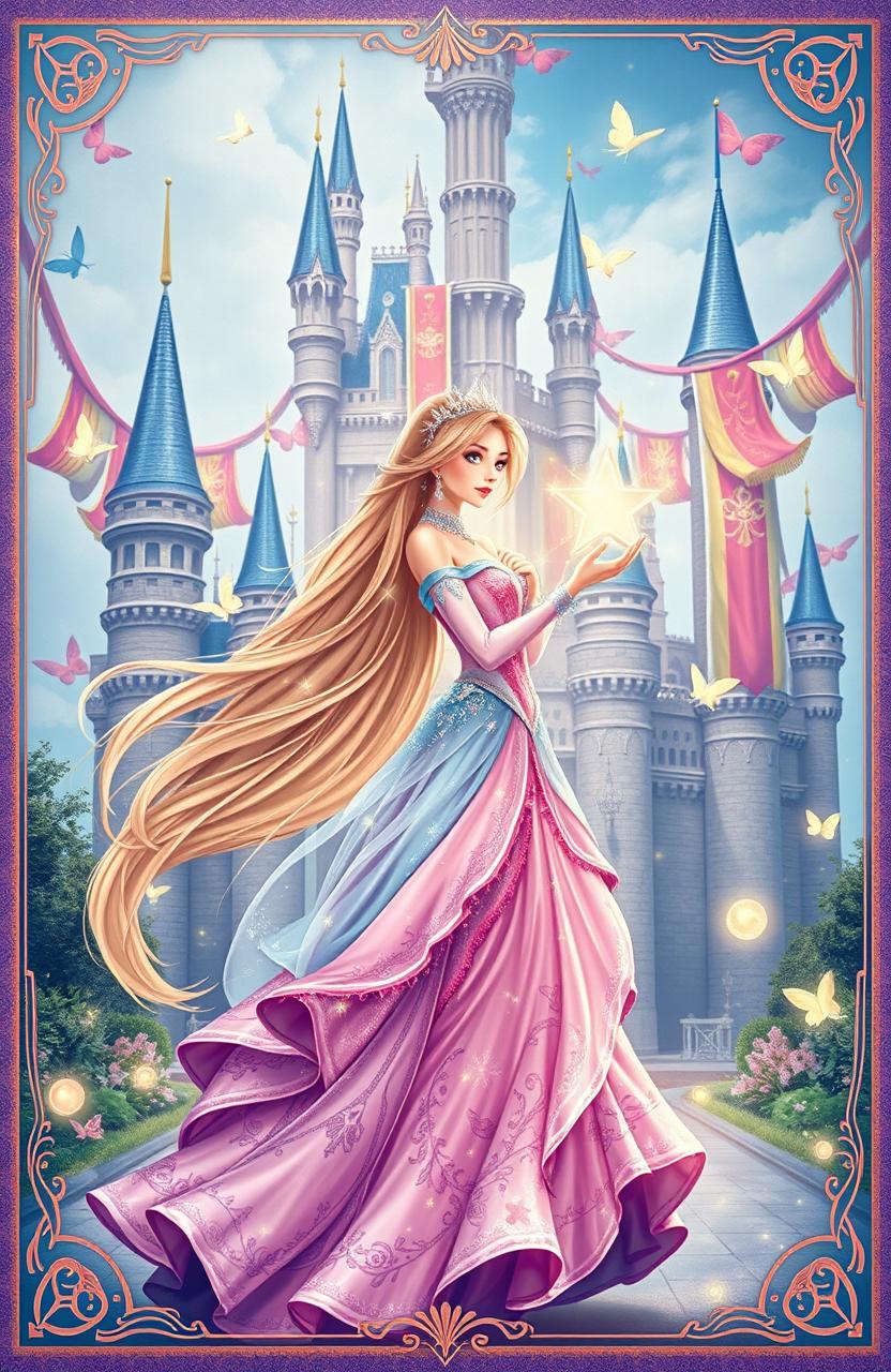 An enchanting book cover featuring a princess with magical powers, standing gracefully in front of a majestic castle