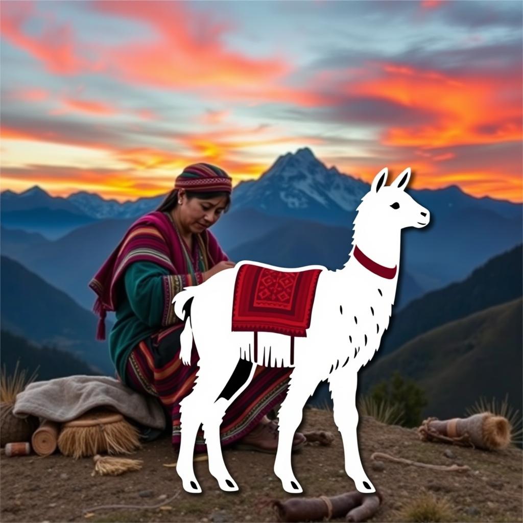 A realistic depiction of a Peruvian woman working in traditional Peruvian clothing, set against a stunning Andean landscape