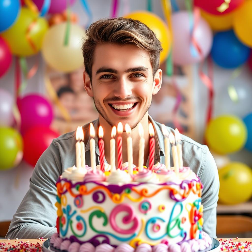A handsome young European man joyfully celebrating with a very beautiful birthday cake in front of him