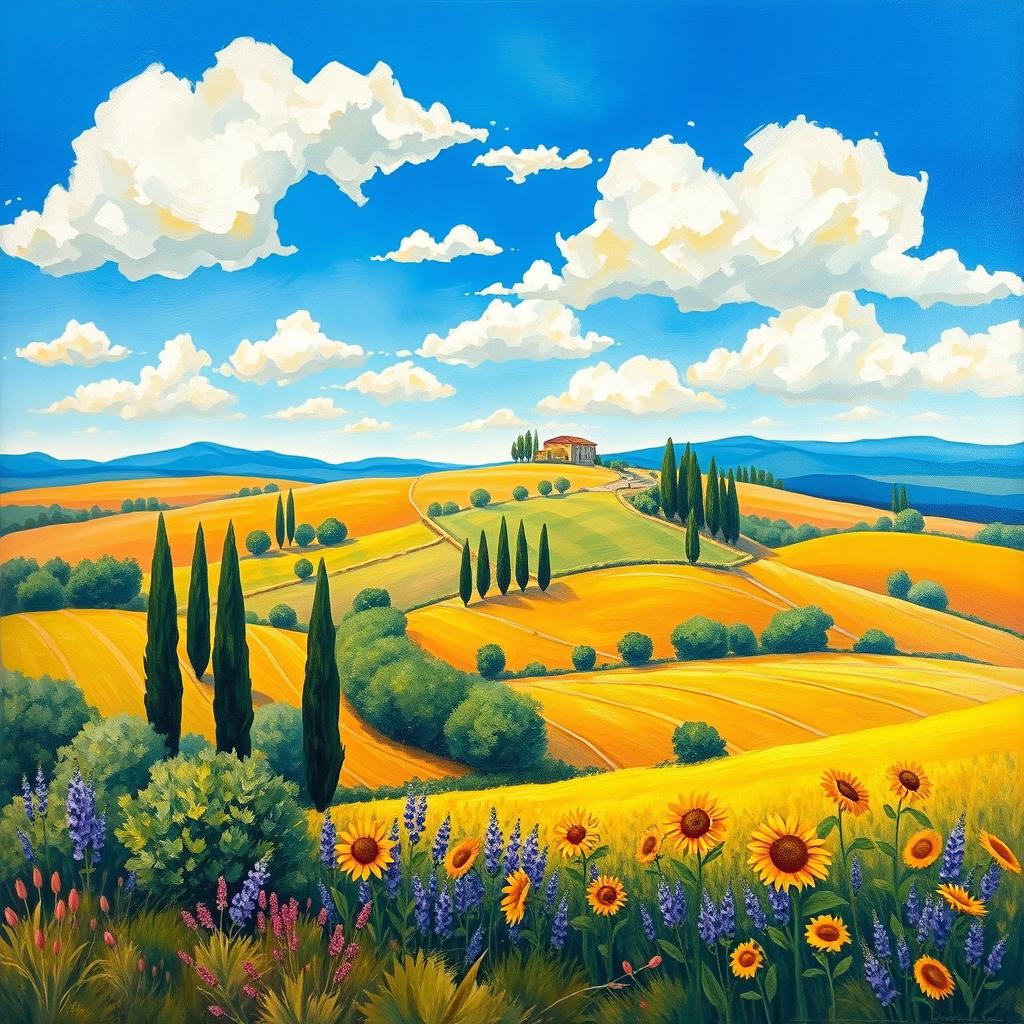 A beautiful, vibrant painting of a Tuscany landscape, featuring rolling hills dotted with cypress trees, a charming villa in the distance, and fields filled with sunflowers and lavender