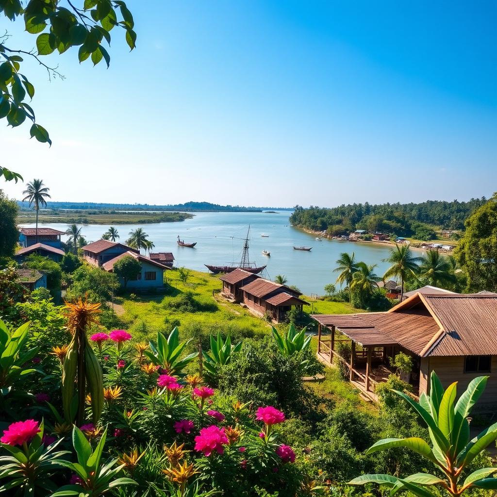 A detailed landscape view of the Subarnachar area in Bangladesh, showcasing the lush greenery, traditional houses, and riverine beauty typical of the region