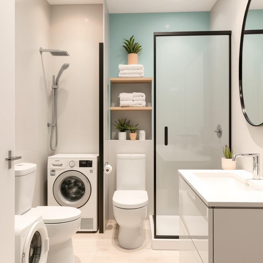 A modern bathroom featuring a white vanity on the right