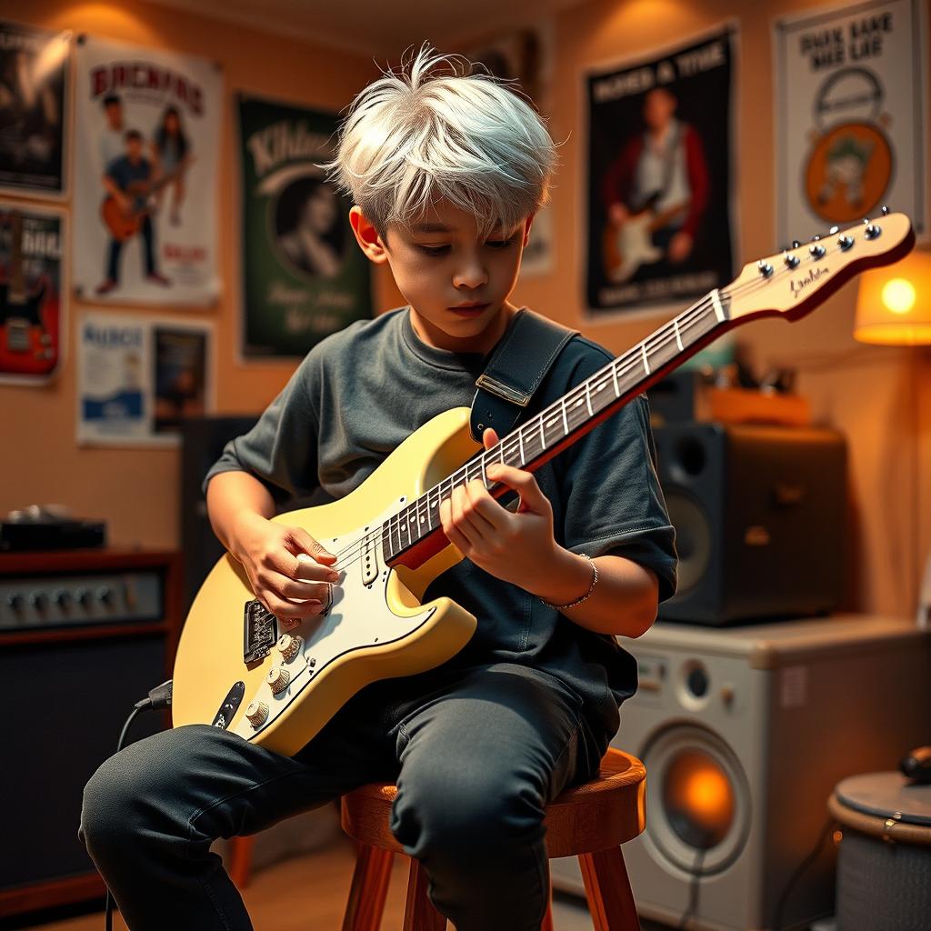 A 16-year-old Korean boy skillfully playing an electric guitar, sitting on a stool in a cozy room