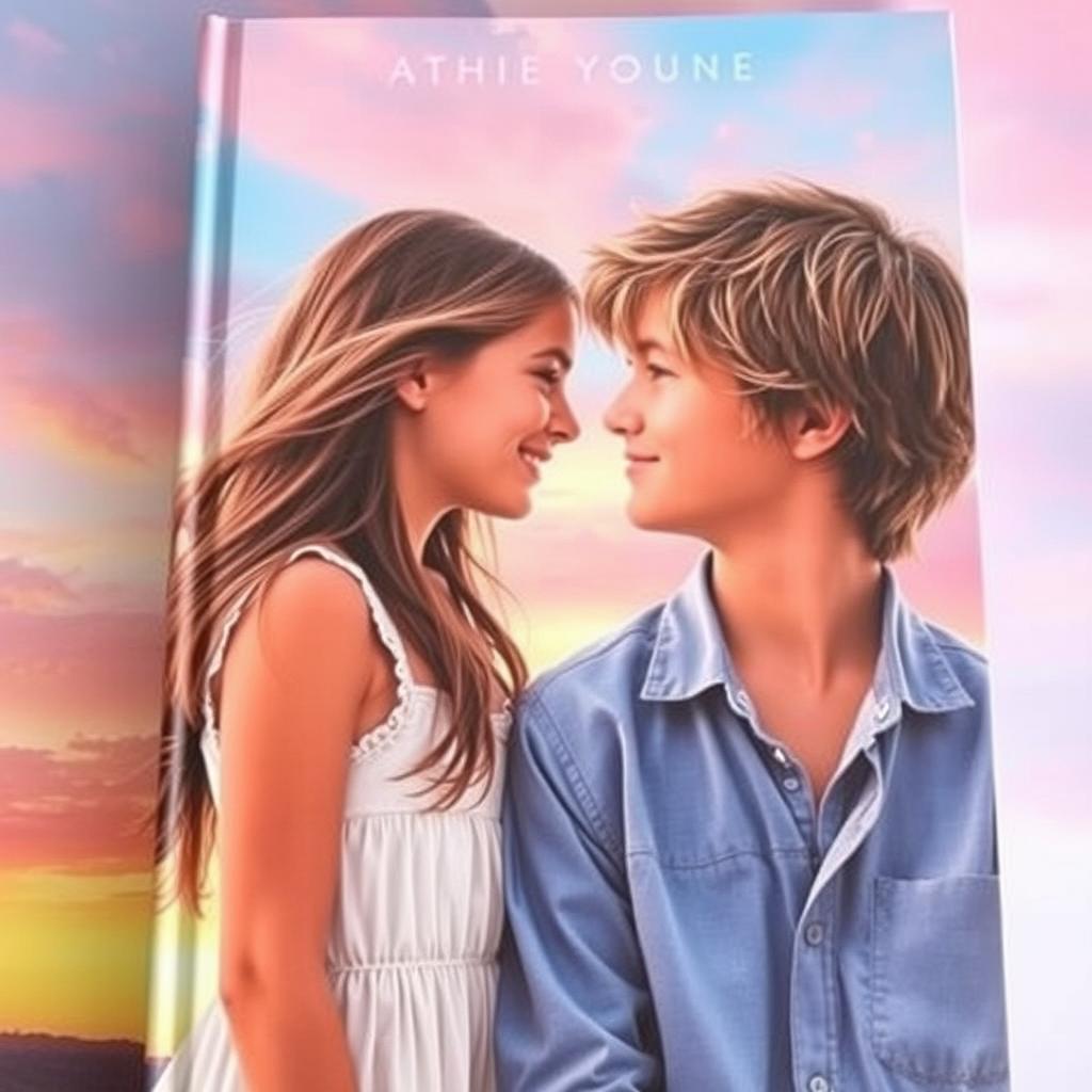A captivating book cover featuring a girl and a boy, both in a close-up shot, gazing into each other's eyes with a backdrop of a dreamy, sunset sky