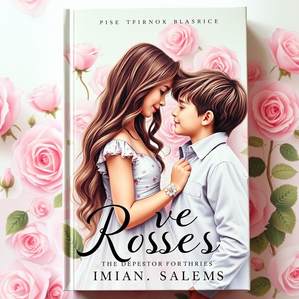 A beautifully designed book cover featuring a girl and a boy looking at each other with deep affection, surrounded by a dreamy aesthetic of blooming roses in the background