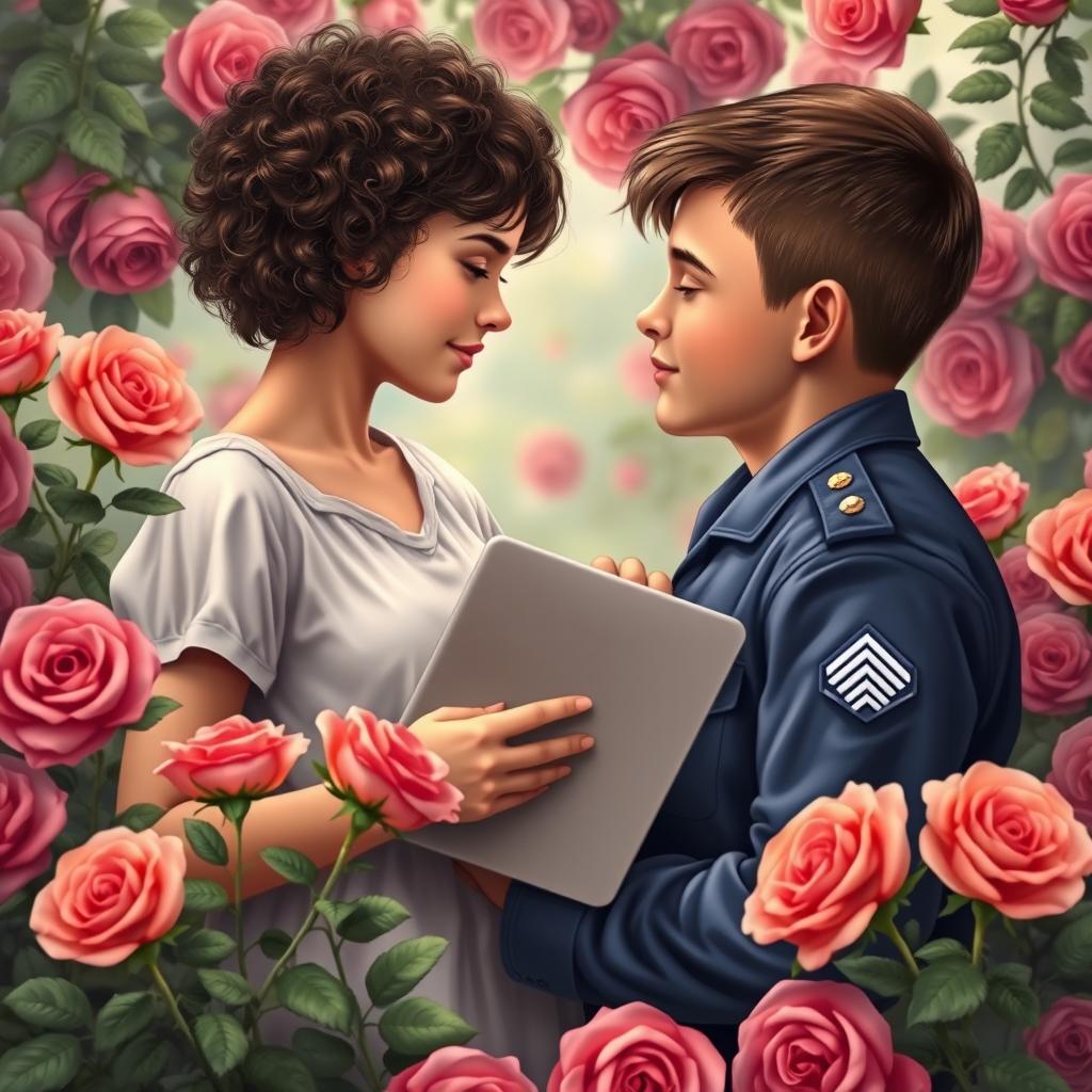 A captivating book cover featuring a teenage girl with curly short hair, holding a laptop, gazing lovingly at a boy in an Air Force uniform with short hair