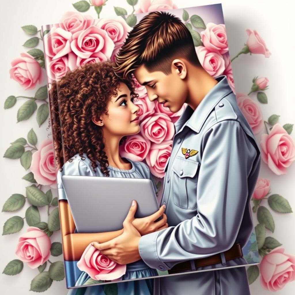 A striking book cover depicting a teenage girl with curly hair, holding a laptop, gazing affectionately at a boy in an Air Force uniform with short hair