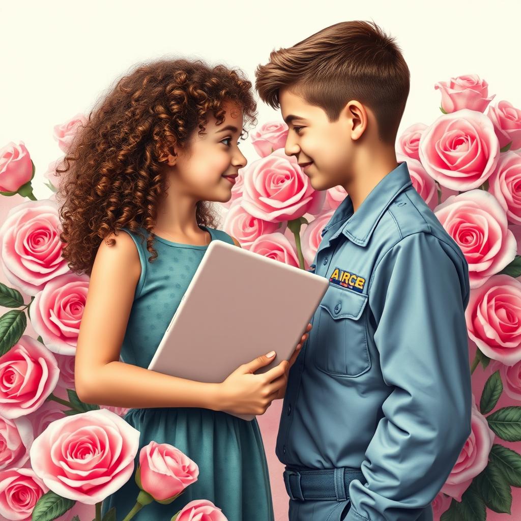 A stunning book cover featuring a teenage girl with curly hair, holding a laptop, gazing adoringly at a boy in an Air Force uniform with short hair