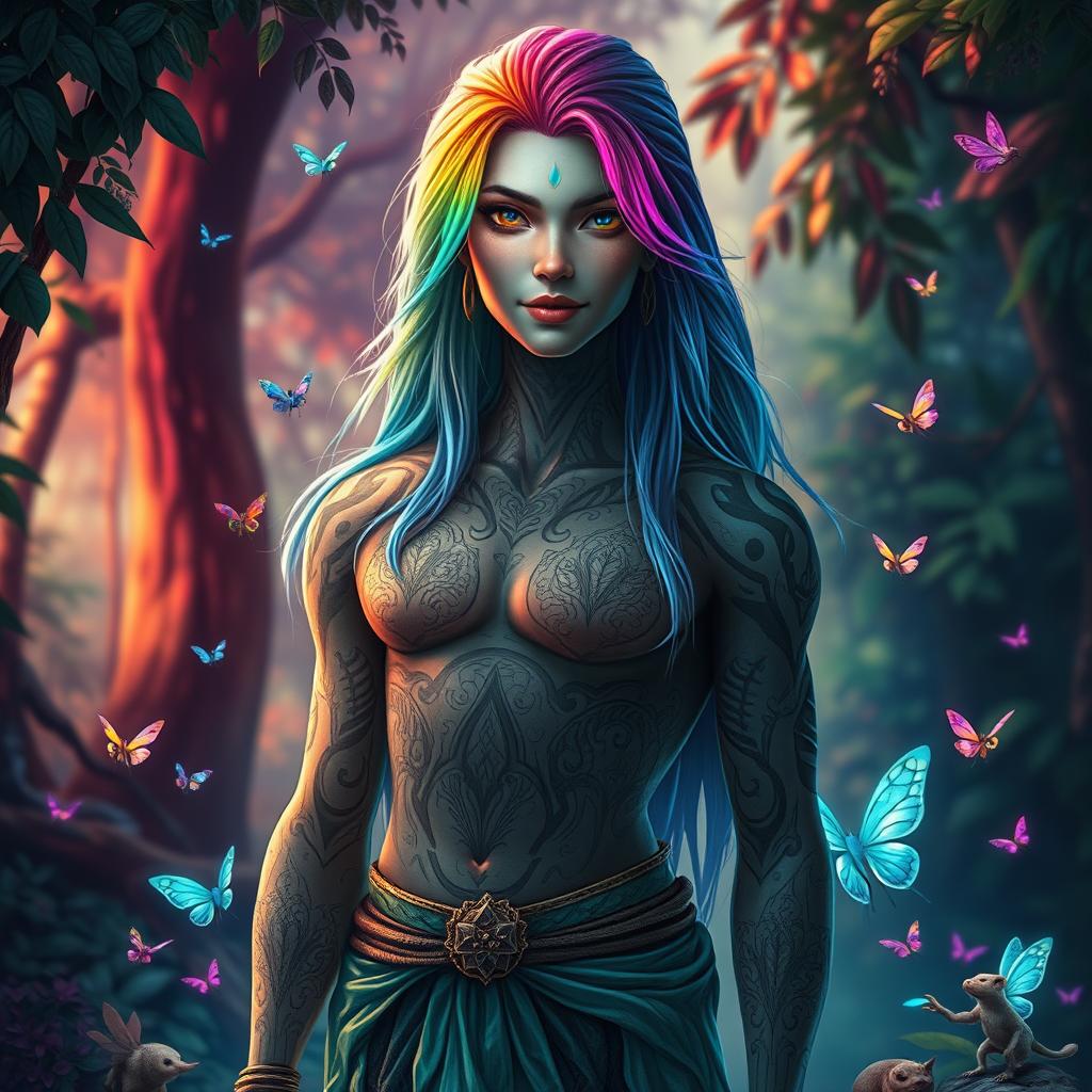 A humanoid figure that is a blend of human and fantasy elements, standing in a lush, vibrant forest