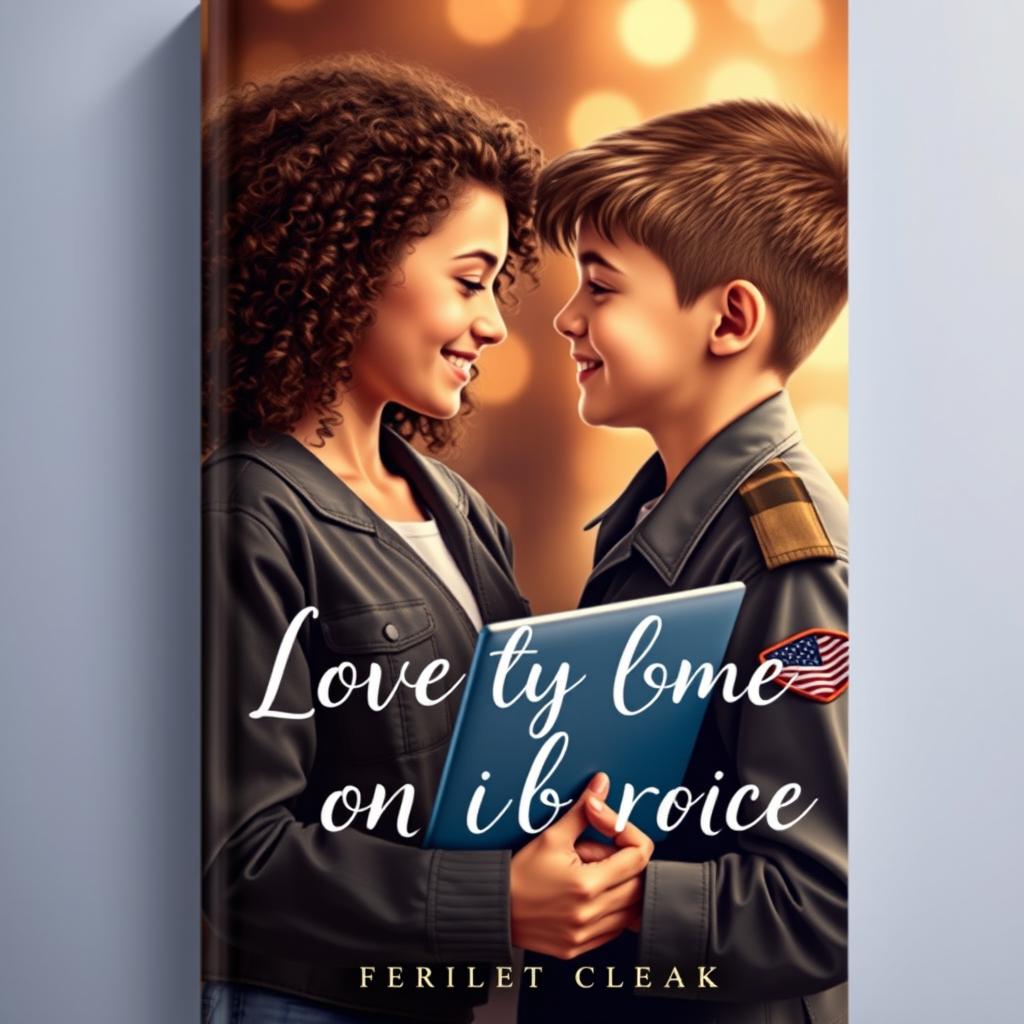 A beautiful book cover showcasing a teenage girl with curly hair, holding a laptop, as she looks affectionately at a boy in an Air Force uniform with short hair