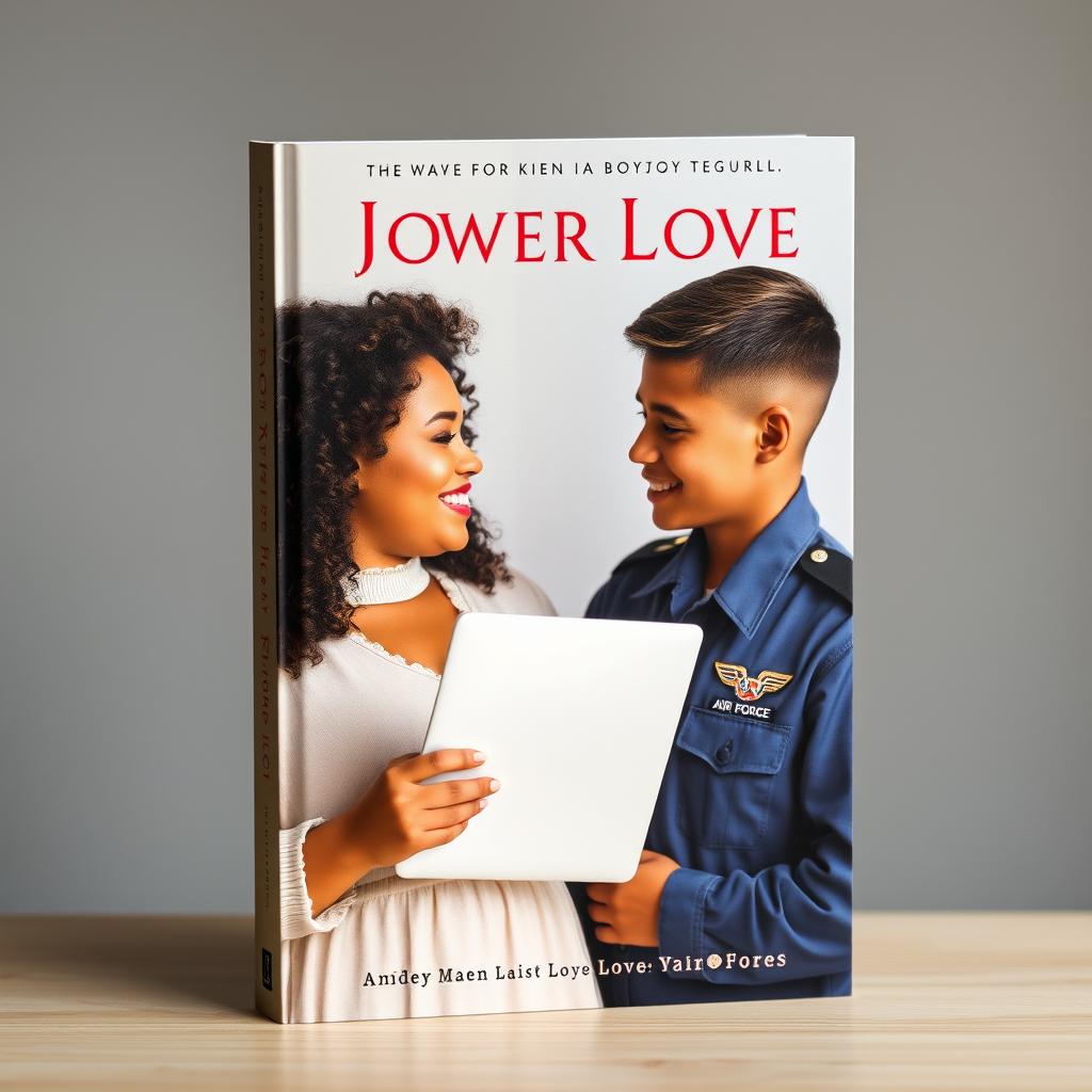 A captivating book cover featuring a curvy girl with curly hair, holding a laptop, as she looks lovingly at a boy in an Air Force uniform with short hair