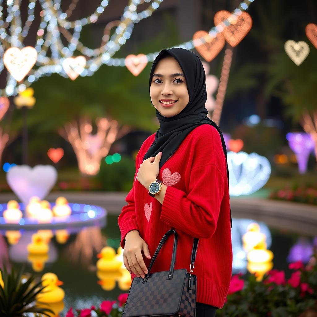 A young woman wearing a black hijab and a red sweater adorned with charming heart patterns stands in a beautifully lit night garden decorated with enchanting heart-shaped lights