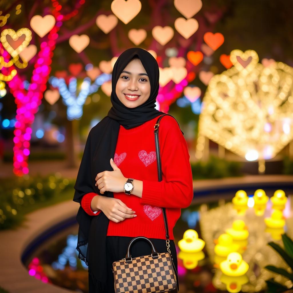 A young woman wearing a black hijab and a red sweater decorated with lovely heart patterns stands in a magical night garden illuminated by heart-shaped lights