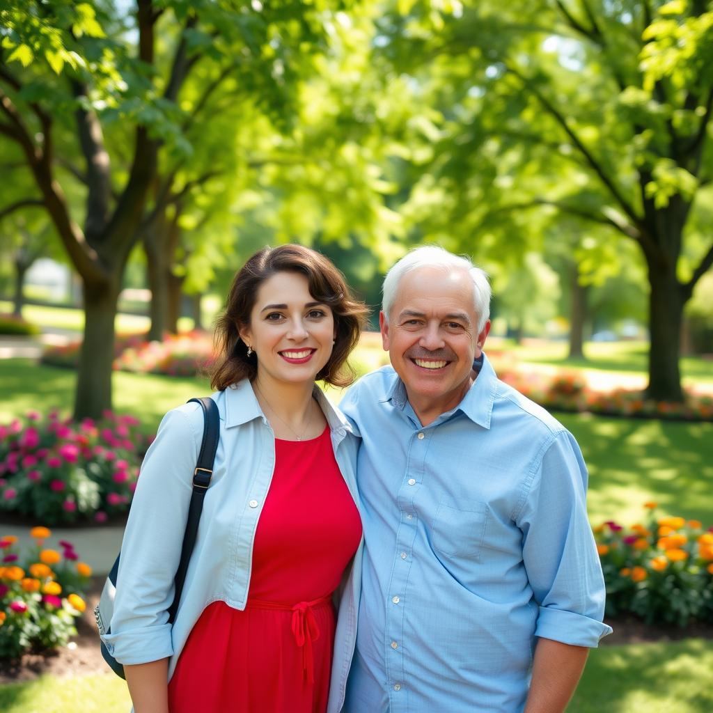 A candid photo of two adults standing close together, smiling and enjoying each other's company in a beautiful outdoor setting