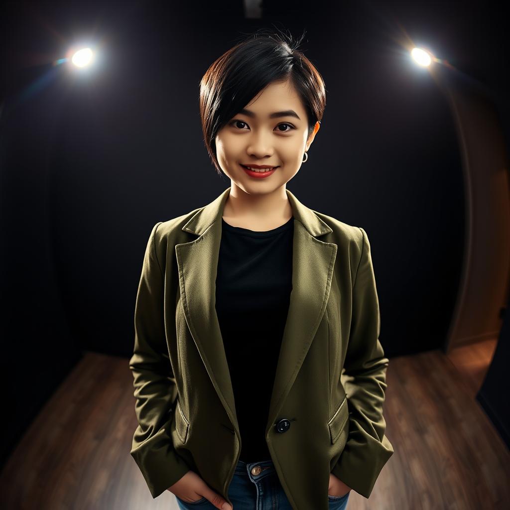 A striking portrait of a young Thai woman with short black hair, exhibiting a faint smile while standing confidently in a modern room