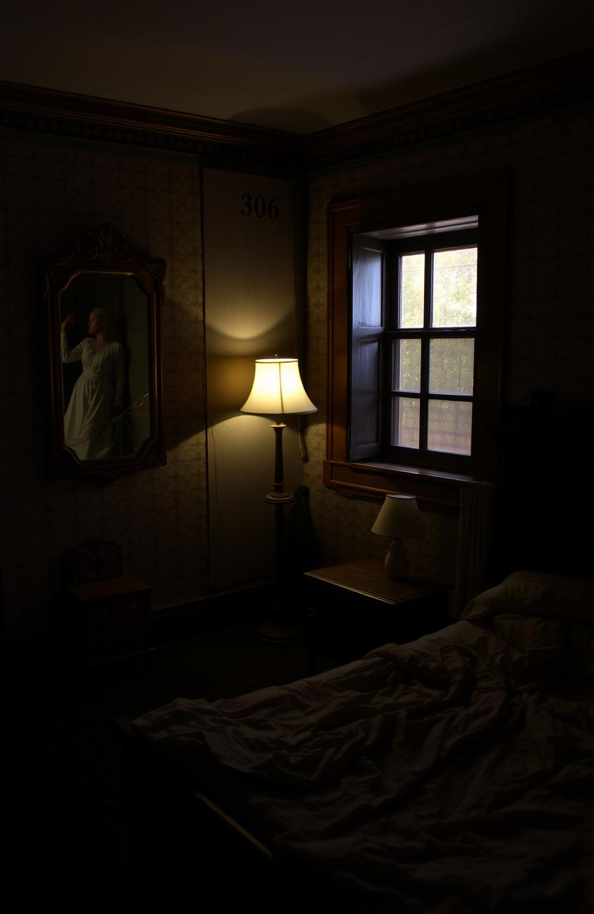 A dimly-lit hotel room labeled '306', with an eerie atmosphere