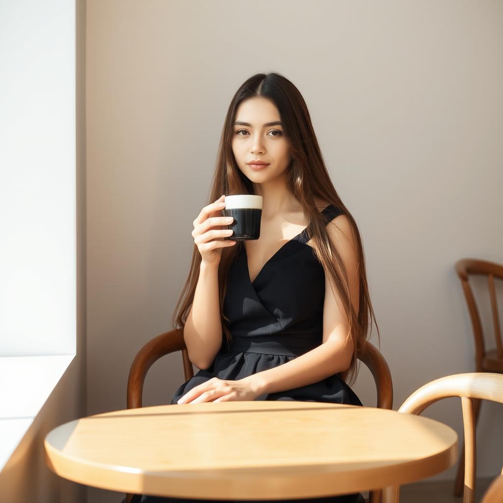 A young woman with long flowing hair sitting alone in a modern minimalist café