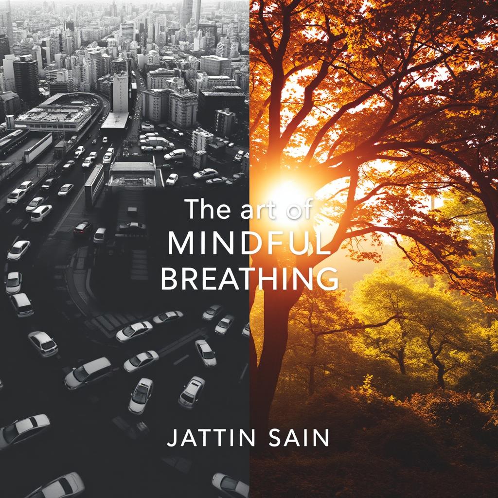 A striking split image book cover design, where one side depicts a busy, chaotic city scene rendered in grayscale, conveying stress and hustle