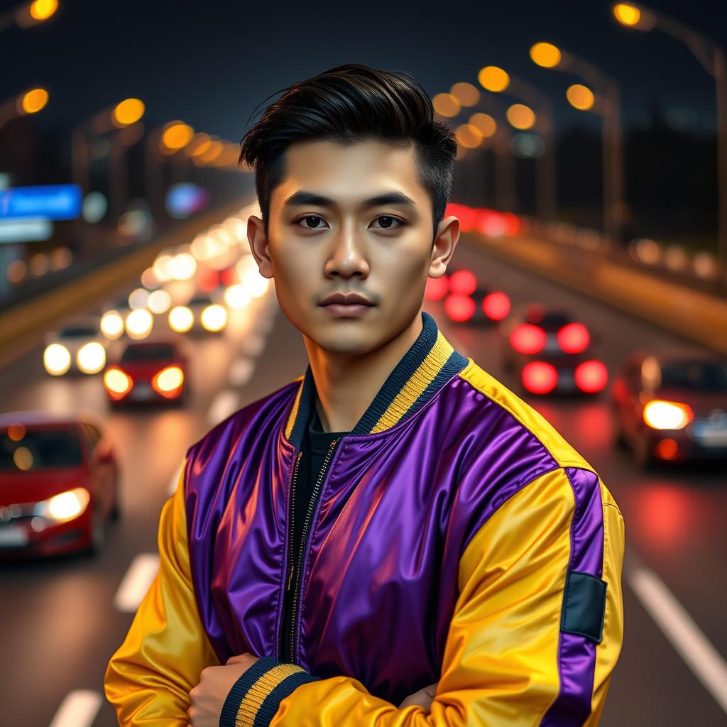 A portrait of a handsome young Asian man with neatly styled black hair, wearing a shiny purple and yellow bomber jacket with dark blue stripes around the wrists and collar