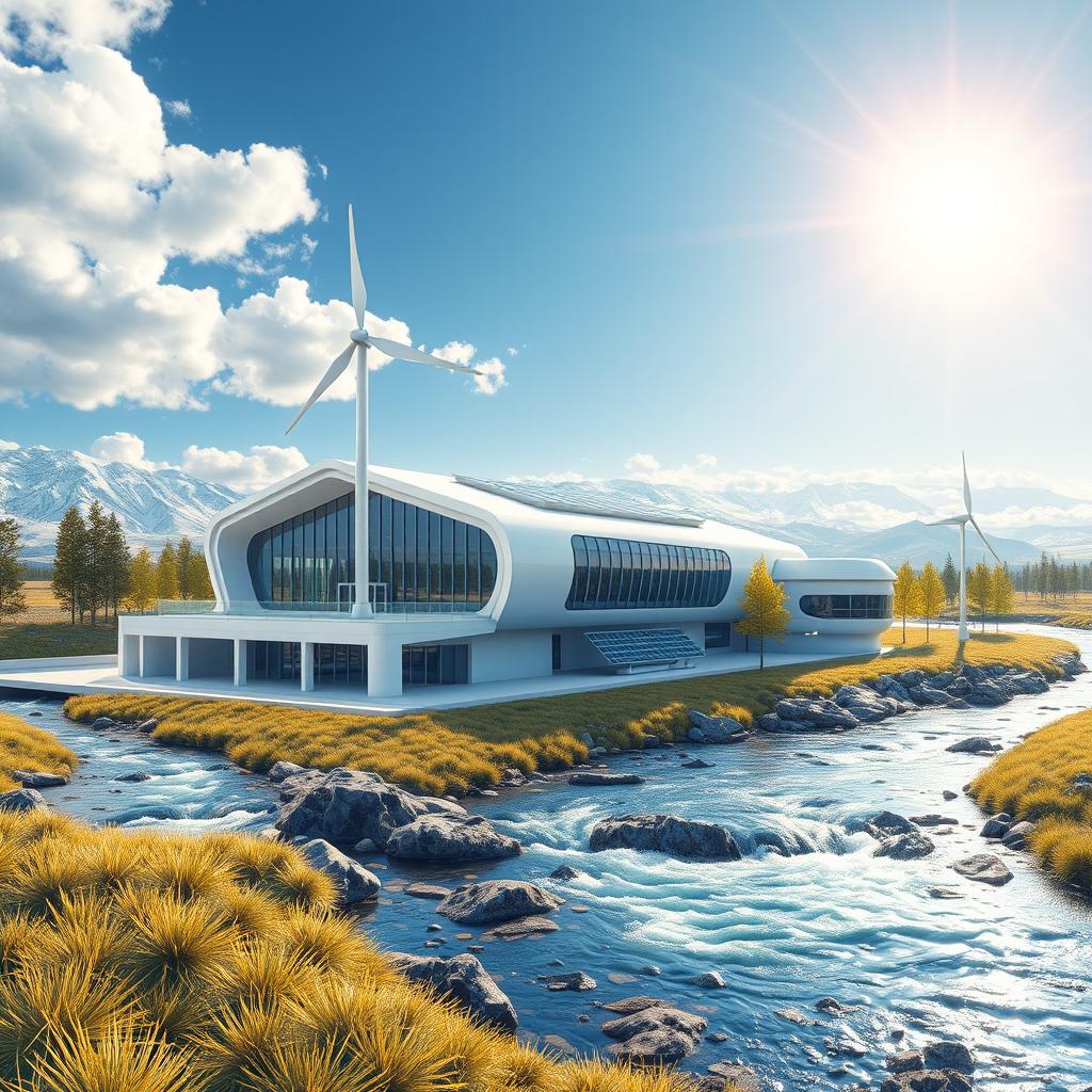 Create a contemporary design of the future against the vibrant backdrop of Siberian nature in summer