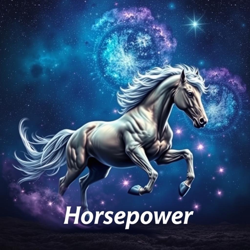 An imaginative and eye-catching scene featuring a powerful steed under a starry night sky, exuding a sense of energy and strength