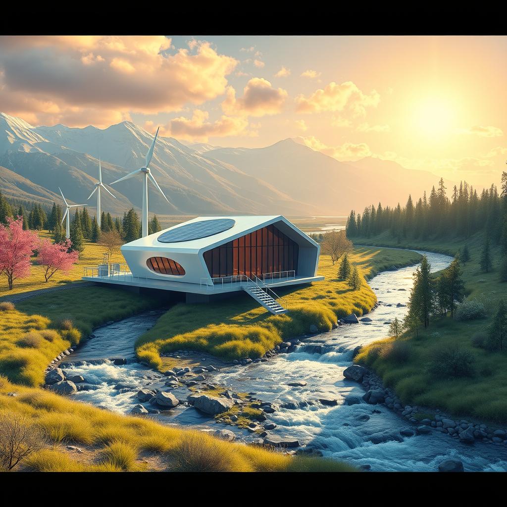Create a modern design vision of the future set against the stunning backdrop of Siberian nature in summer
