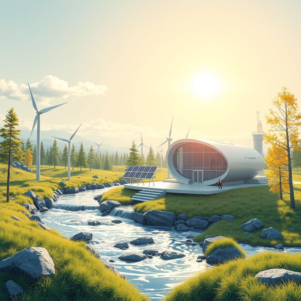 Design a modern futuristic scene set against the beautiful backdrop of Siberian nature in summer