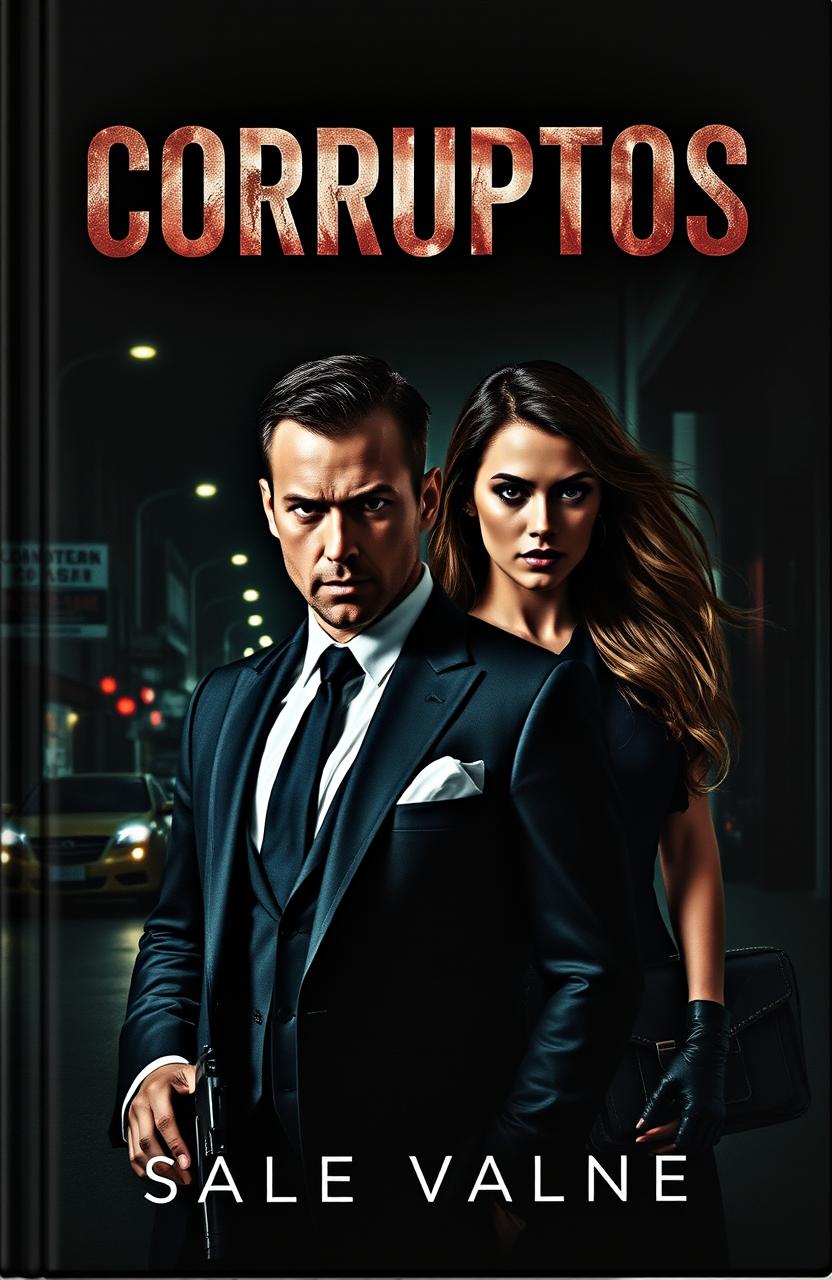 A dramatic and intense book cover for 'CORRUPTOS', featuring a shadowy, mysterious atmosphere that evokes themes of mafia, espionage, and dark romance