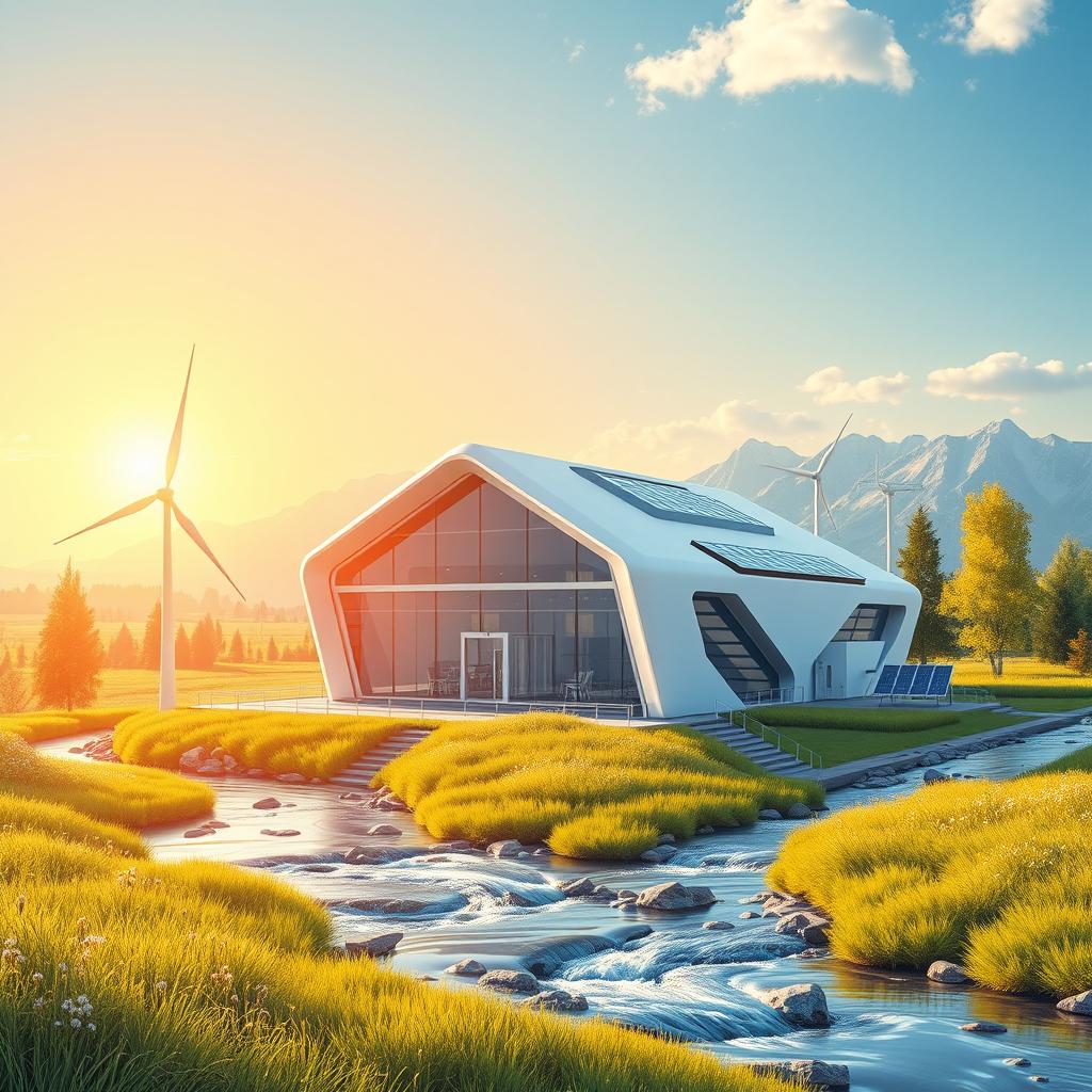 Create a modern futuristic design depicted against the vibrant backdrop of Siberian nature in summer
