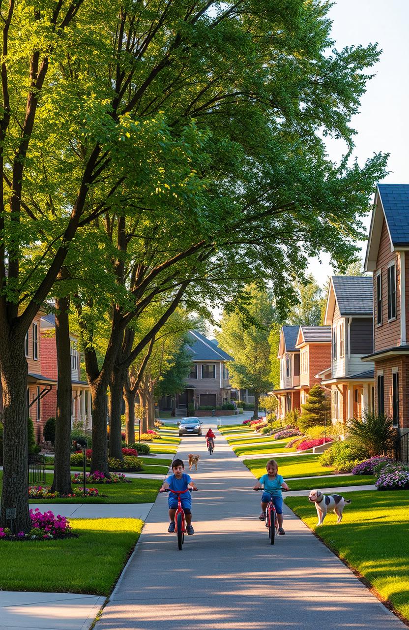 A picturesque scene showcasing a variety of residential plots in a serene neighborhood