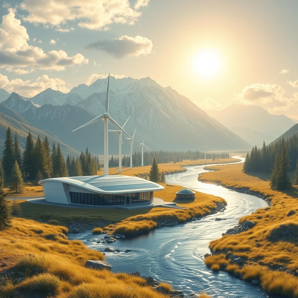 Design a modern futuristic scene set against the breathtaking backdrop of Siberian nature in summer