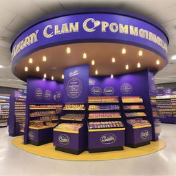 A Cadbury chocolate stand at a supermarket capturing the essence of Ramadan. The stand is adorned with radiant lights, Ramadan lanterns, and intricate Islamic patterns, signifying a sweet celebration with every bite.