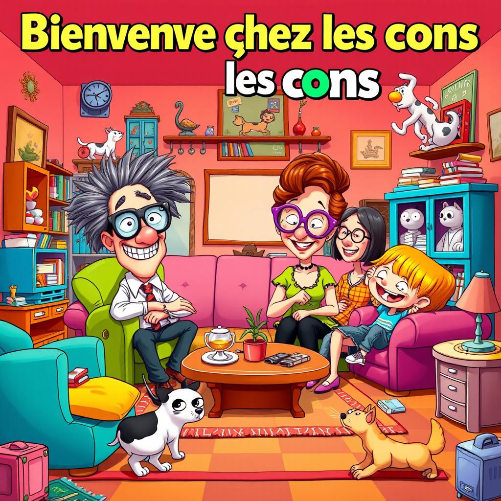 A vibrant and humorous movie poster for a comedy titled 'Bienvenue chez les cons'
