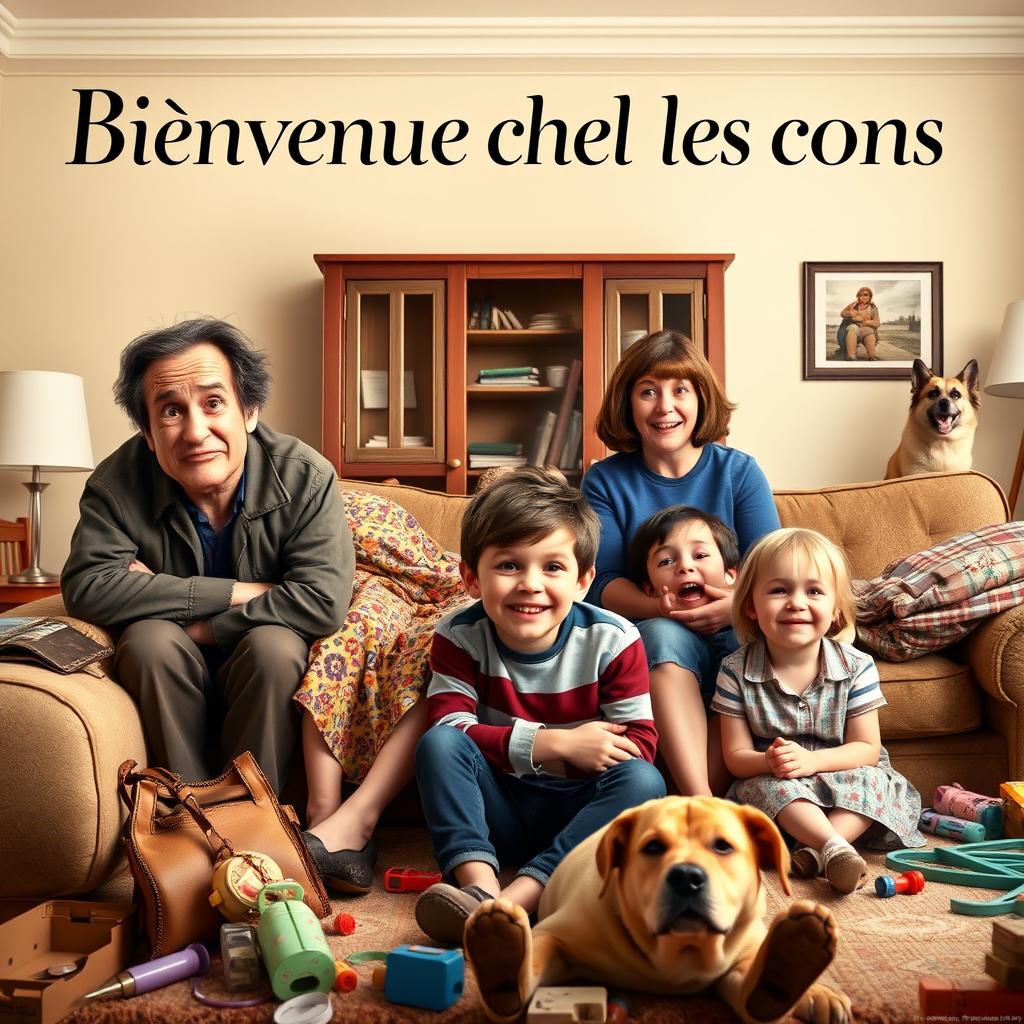 A realistic comedy movie poster for the film titled 'Bienvenue chez les cons'