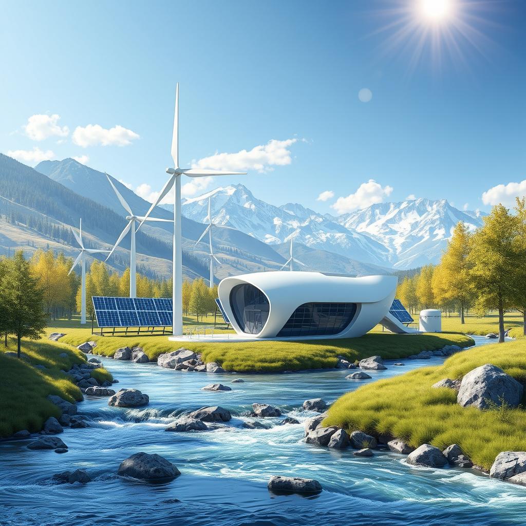 Design a modern futuristic scene set against the picturesque backdrop of Siberian nature in summer