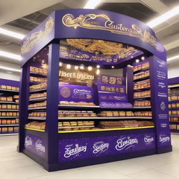 A Cadbury chocolate stand at a supermarket capturing the essence of Ramadan. The stand is adorned with radiant lights, Ramadan lanterns, and intricate Islamic patterns, signifying a sweet celebration with every bite.