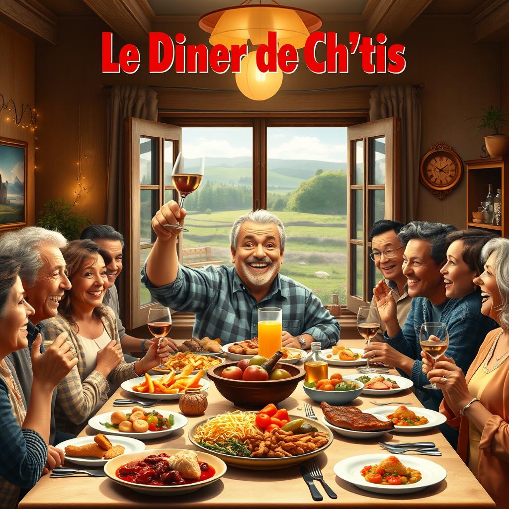 A realistic movie poster for the comedy titled 'Le Diner de Ch'tis', featuring a lively and warm dining setting