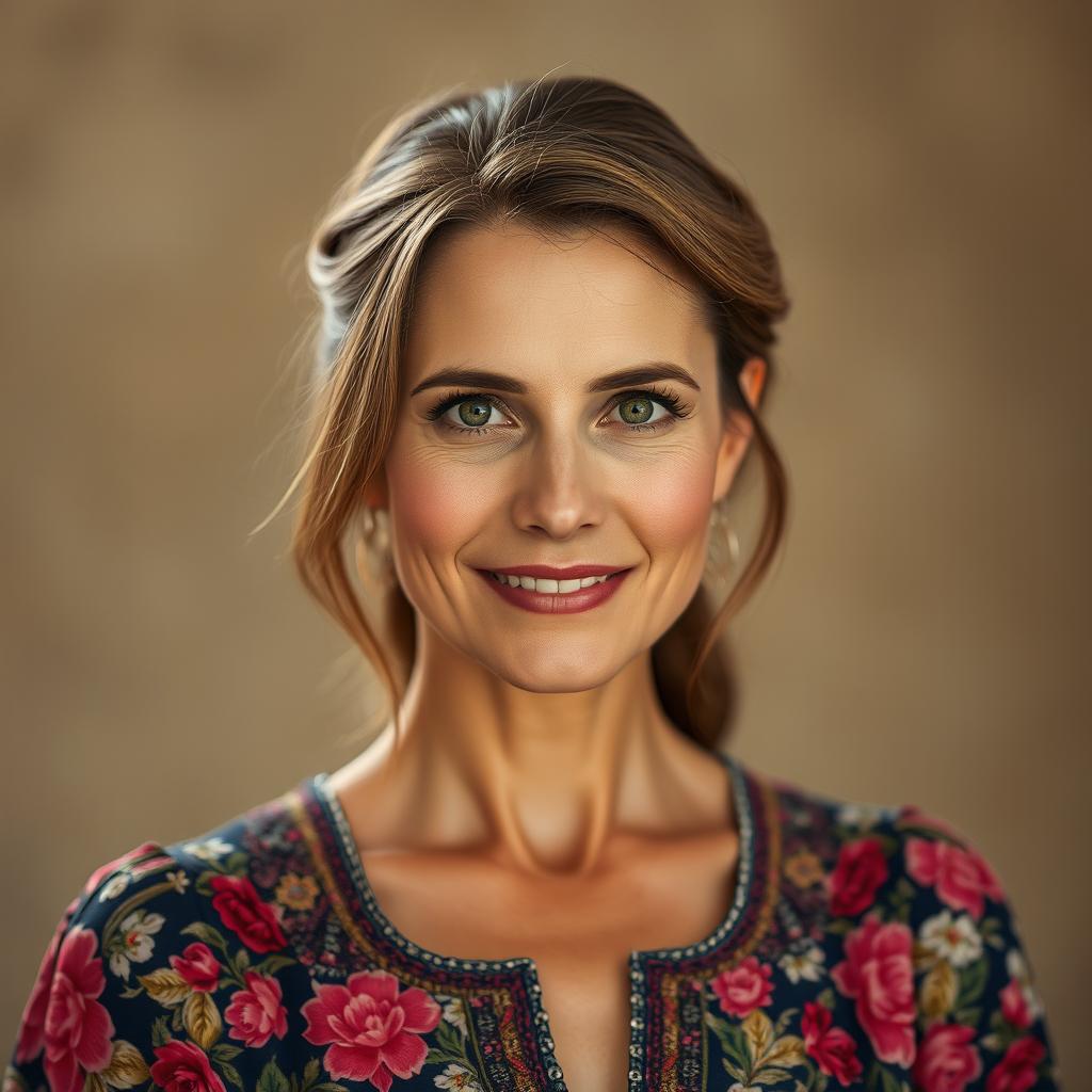A portrait of a beautiful 45-year-old Slavic woman, featuring striking features such as high cheekbones, warm brown hair styled elegantly, and sparkling green eyes