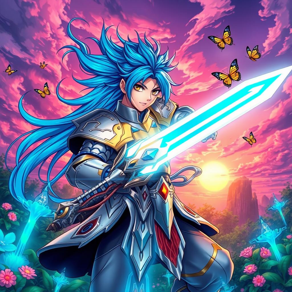 A stunning anime character in a vibrant fantasy landscape, featuring a powerful warrior with flowing blue hair and striking silver armor