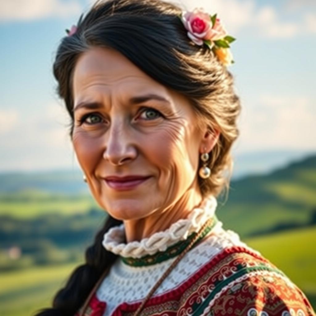 A portrait of a 50-year-old Russian woman, gracefully aged with a serene expression, wearing traditional Russian attire that highlights her cultural heritage