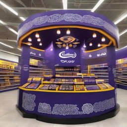 A Cadbury chocolate stand at a supermarket capturing the essence of Ramadan. The stand is adorned with radiant lights, Ramadan lanterns, and intricate Islamic patterns, signifying a sweet celebration with every bite.