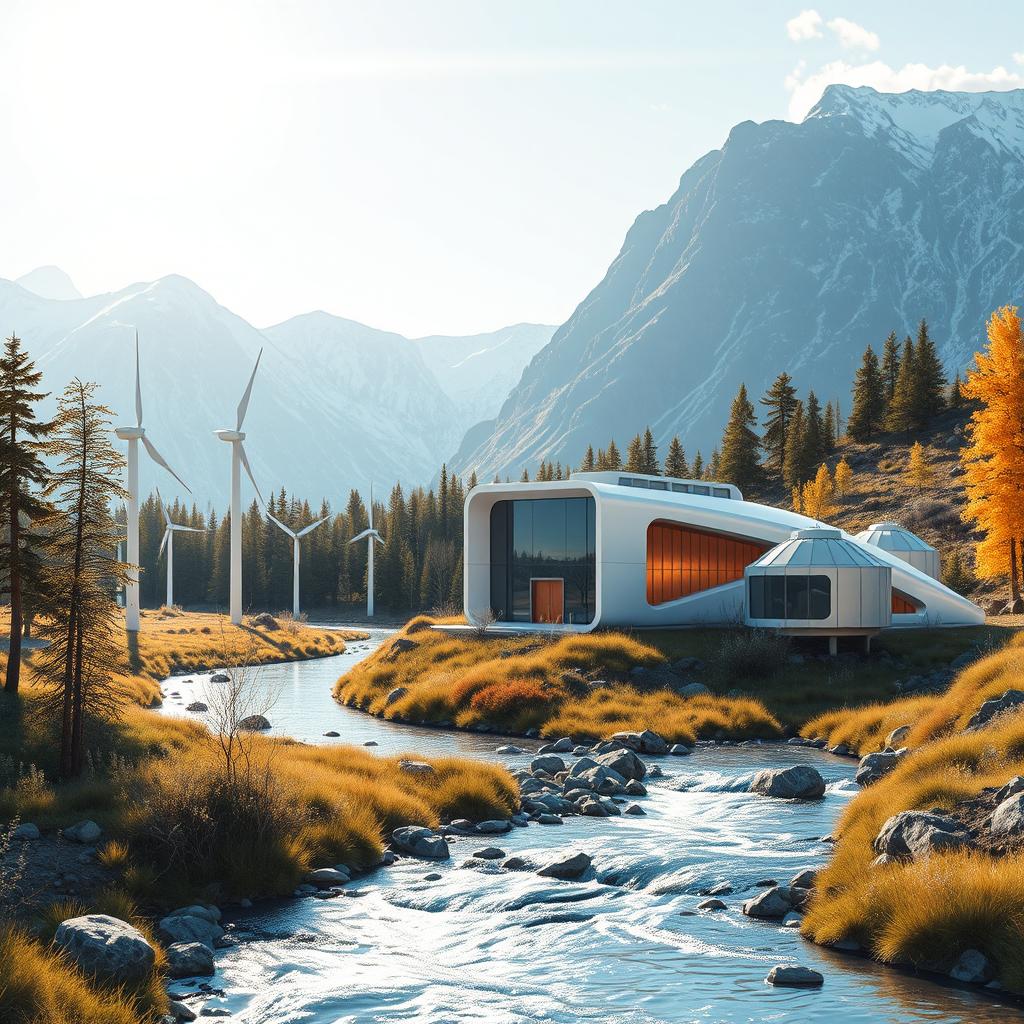 Design a modern futuristic scene set against the breathtaking backdrop of Siberian nature during summer