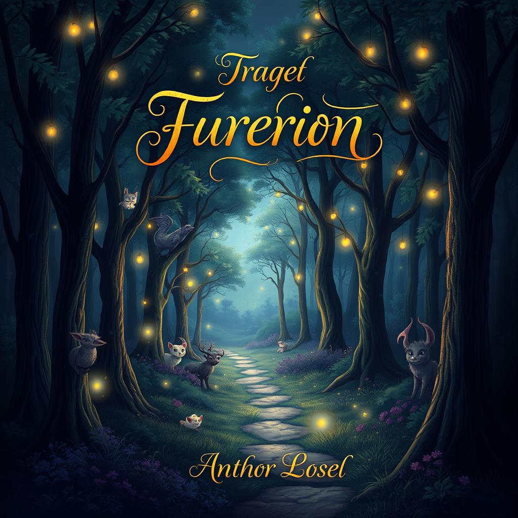 A captivating book cover design featuring an enchanting forest at twilight