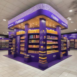 A Cadbury chocolate stand at a supermarket capturing the essence of Ramadan. The stand is adorned with radiant lights, Ramadan lanterns, and intricate Islamic patterns, signifying a sweet celebration with every bite.