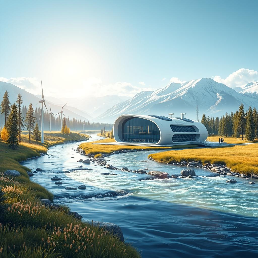 Design a modern futuristic scene set against the picturesque backdrop of Siberian nature in summer