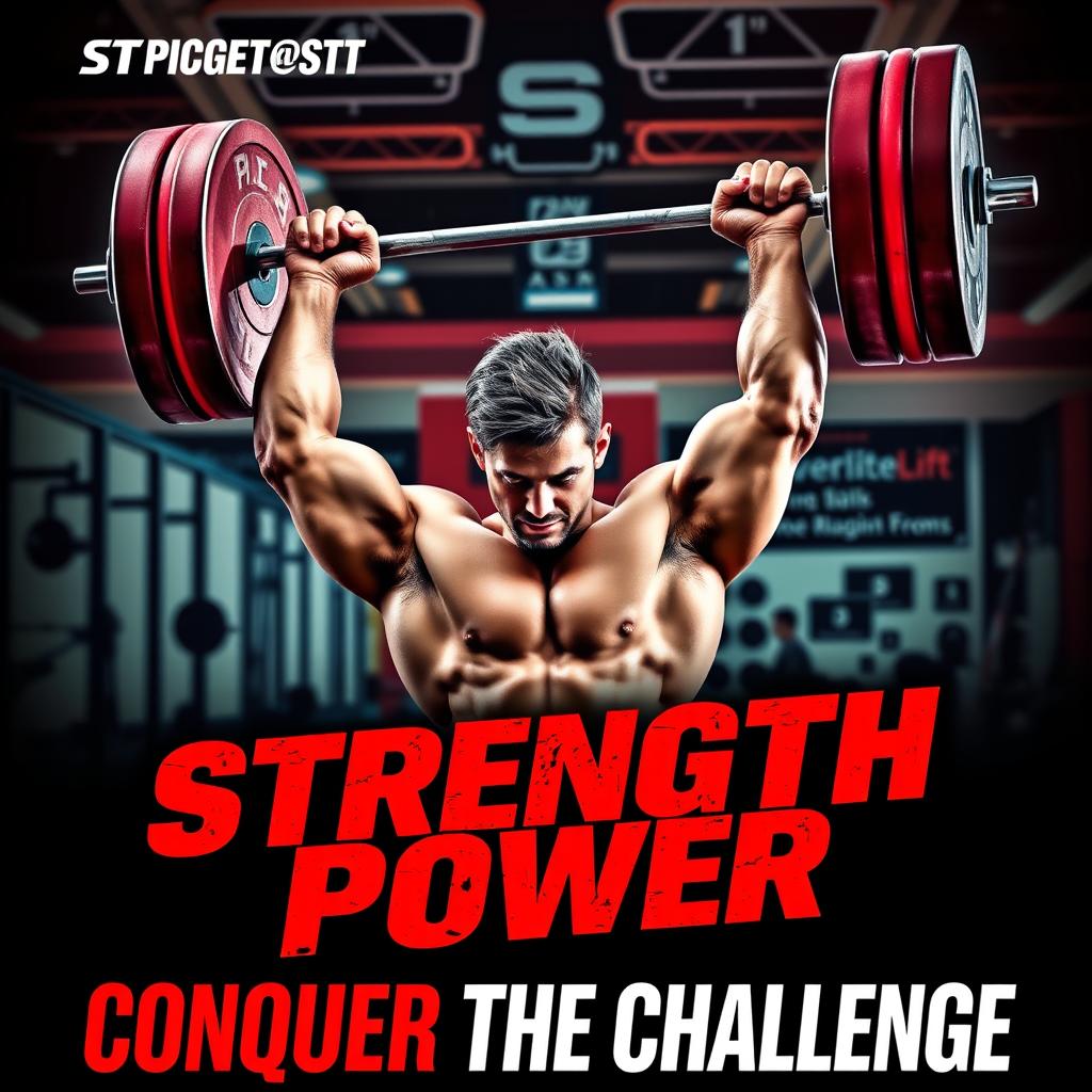 A dynamic and inspiring poster for a powerlifting competition, featuring a muscular male athlete in a competitive stance, lifting a heavy barbell overhead