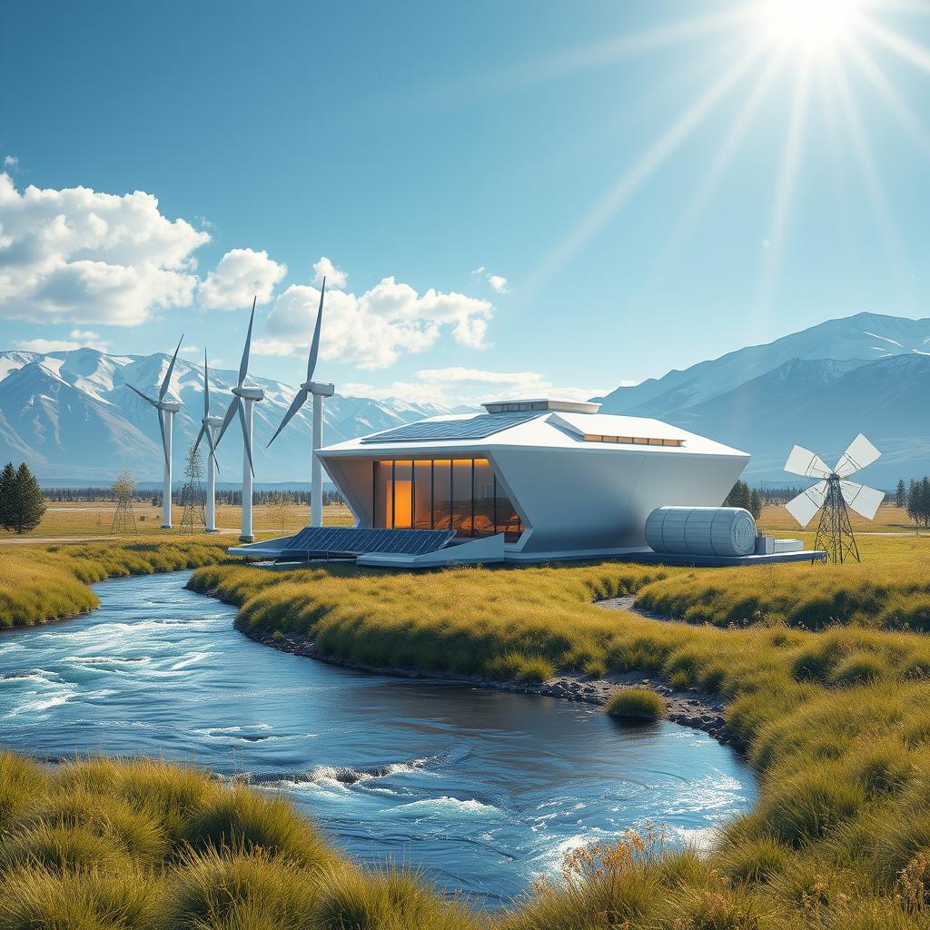 Create a modern futuristic design set against the stunning backdrop of Siberian nature in summer