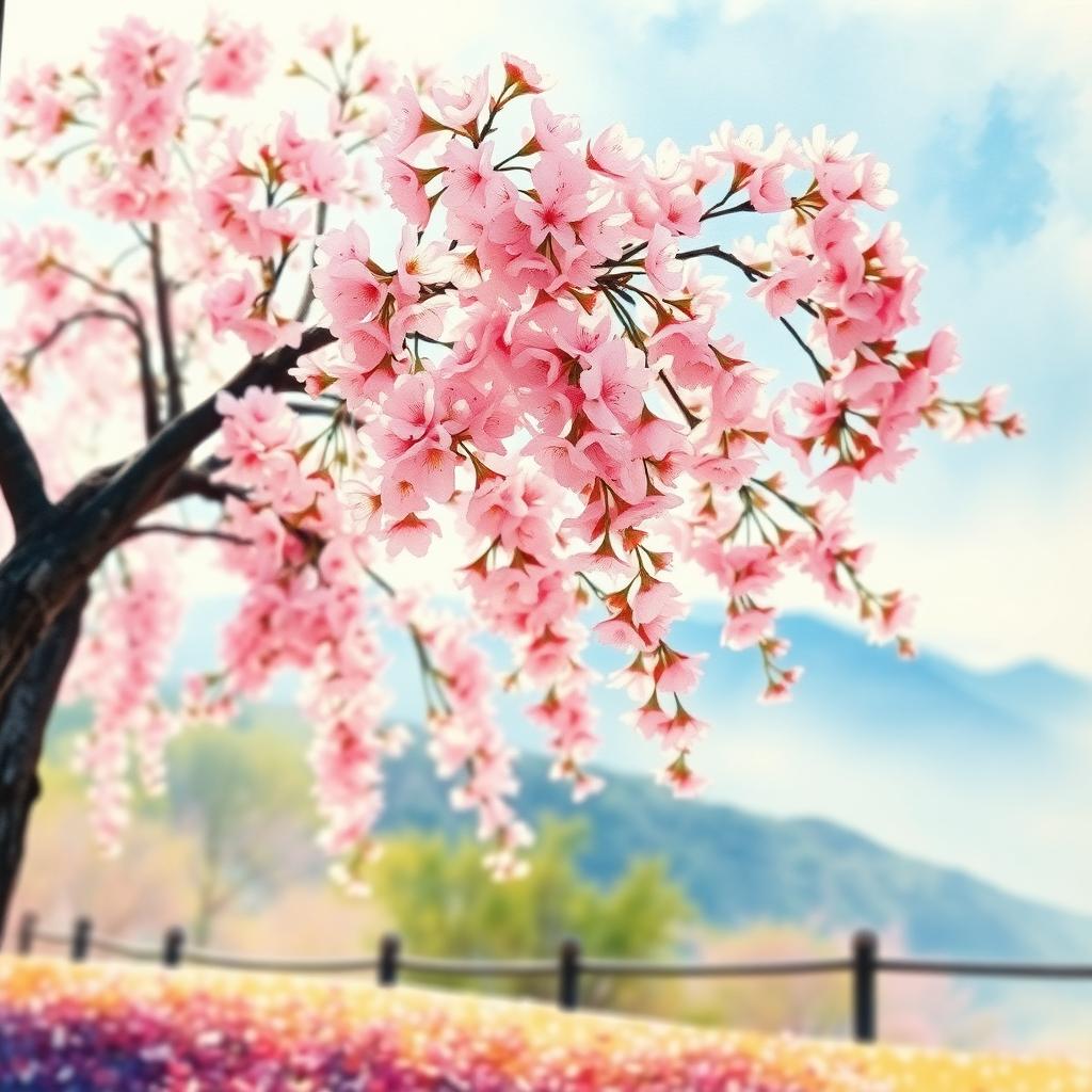 A serene watercolor painting of a cherry blossom tree in full bloom, featuring delicate pink and white flowers cascading from its branches